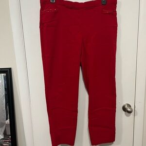 Vibrant Red Pants and Red Lace Blouse